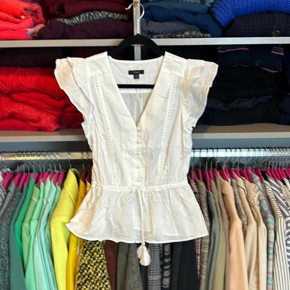 J Crew white v neck ruffle cap sleeve tie front with tassels top size XS​ - Picture 1 of 3
